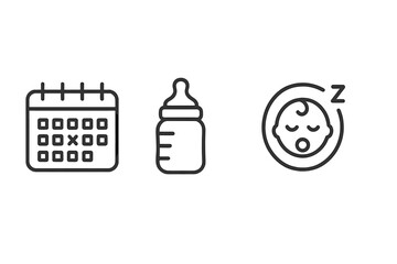 Essential symbols for newborn care routine including calendar schedule, feeding bottle, and sleeping baby face