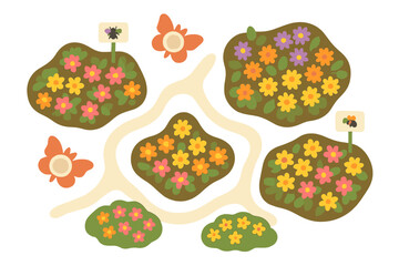 Colorful flower beds connected by winding paths with butterflies and insect signs in a stylized garden layout