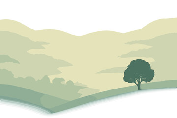 Minimalist layered landscape featuring rolling hills and solitary tree silhouette