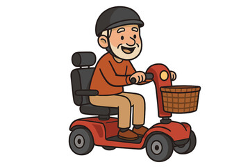 Cheerful elderly gentleman driving a red mobility scooter with a front basket and safety helmet