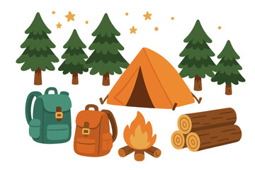 Outdoor camping set with tent, backpacks, burning campfire, and pine trees under the night sky