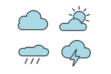 Collection of four minimal weather conditions: sunny, cloudy, rainy, and thunderstorm