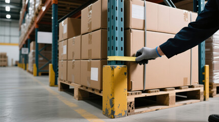Worker measuring pallet height with tape measure in warehouse.