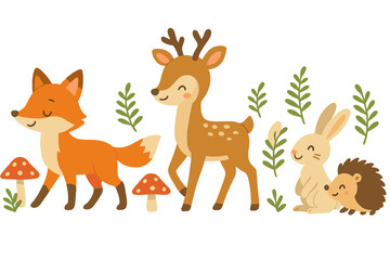 Cute woodland animals set with fox, deer, rabbit, hedgehog, mushrooms, and leaves