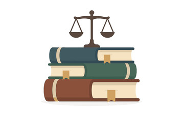 Justice scales symbol resting on a stack of colorful law books with bookmarks