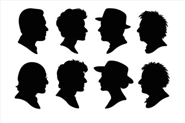 Diverse collection of male and female profile silhouettes with various hairstyles and hats