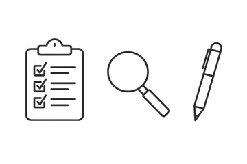Clipboard, Magnifying Glass, and Pen Icons for Task Management and Analysis
