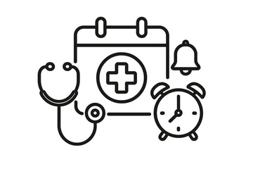 Medical appointment scheduling reminder with stethoscope calendar and alarm clock