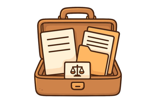 Open briefcase containing legal documents, folders, and a business card with scales of justice symbol
