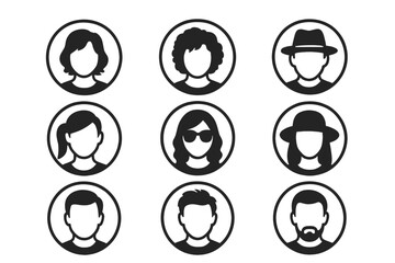 Set of nine diverse user profile avatars in black and white circle icons