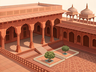 Red sandstone Indian courtyard in isometric vectore