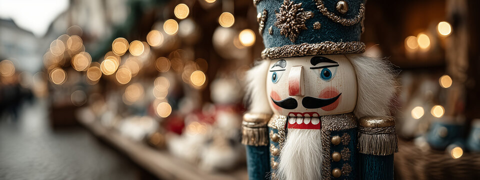 Colorful nutcracker figurine with bokeh lights in background