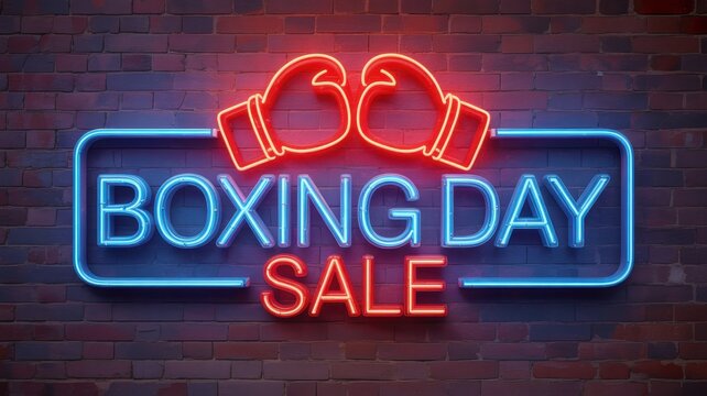 Bright neon sign advertising boxing day sale with red boxing gloves on a brick wall background, perfect for holiday promotions and retail marketing - Powered by Adobe