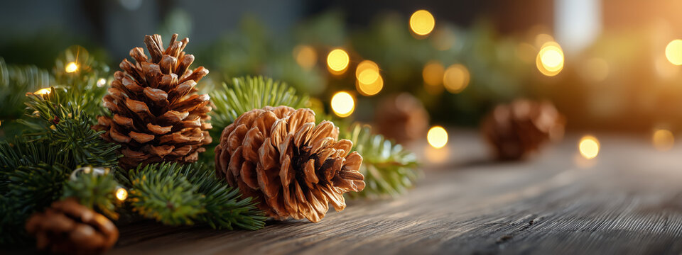 Pine cones and greenery with lights for christmas decor