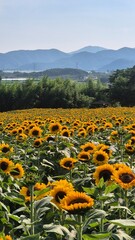 Bright sunflower field under clear summer skies, featuring tall golden blooms, vibrant petals, and wide scenic views filled with warm sunshine and lively seasonal mood.