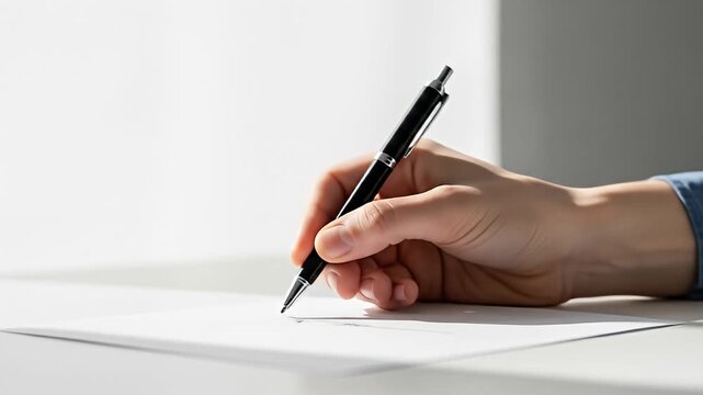 Close-up of a hand writing on paper with a pen.