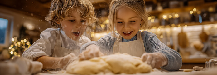Children having fun baking together in a cozy kitchen