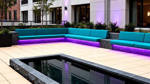 Modern outdoor lounge area on a patio or rooftop with teal seating, neon purple lighting, and a small water feature