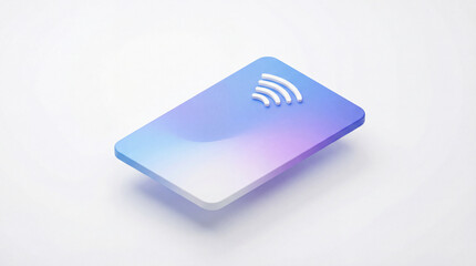 A gradient payment card featuring a contactless payment symbol hovers over a white background. It suggests the ease and speed of modern financial transactions.