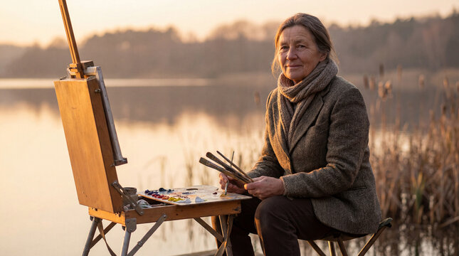 An older woman, wearing a scarf and jacket, sits by a lake at sunset. She holds paintbrushes and a palette, ready to capture the scenery on her easel. The water reflects the warm light. - Powered by Adobe