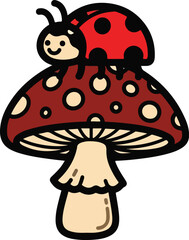 Whimsical Ladybug on Spotted Forest Mushroom Vector