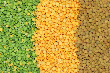 Pea and lentil textured. Vegetable protein and plant-based diet. Vegetarian cuisine. Food background. Top view.