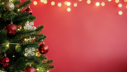 Close up Christmas Tree With Ornament on big full Red bokeh light  Background with copy space for text