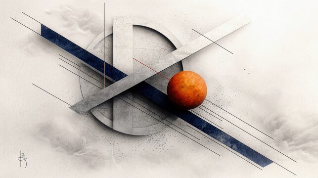 An abstract artwork featuring geometric shapes, a sphere, and lines on a white background, evoking a sense of modern design and artistic expression. - Powered by Adobe