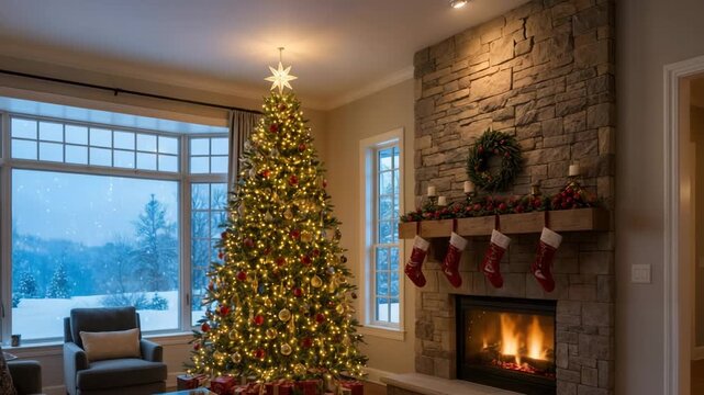 Cozy living room with a lit Christmas tree, fireplace, mantel with stockings, and snow outside