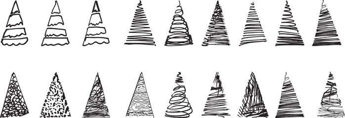 Handwritten doodle effect Christmas tree illustrations, textured lines, embodying the spirit of the holiday season, ranging from minimalist sketches to intricate details.