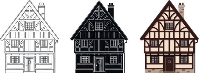 Obraz premium Set of three half-timbered houses vector illustration in different styles architecture design element