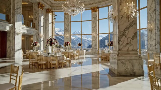 Elegant interior grand ballroom with mountain vista and floral decor for events