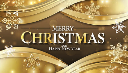 A festive golden holiday card featuring decorative snowflakes surrounding the message &ldquo;Merry Christmas and Happy New Year&rdquo; in elegant lettering.