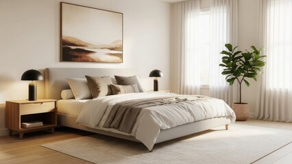 A bright, modern bedroom features a large bed with neutral bedding, artwork, and a potted plant near the window.