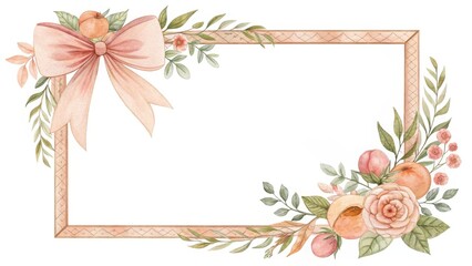 Watercolor peach fuzz wedding frame with a delicate watercolor bow and intricate watercolor crest
