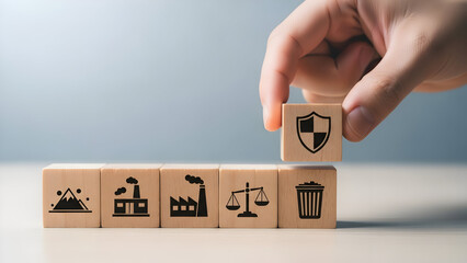Protecting environmental issues with shield symbol on wooden block sustainability concept