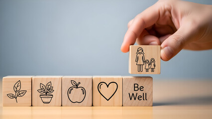 Hand placing block with doctor icon to complete wellness message