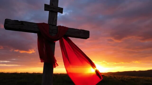 Sunrise glows behind a wooden cross draped with red cloth on a grassy hill