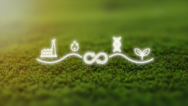 Sustainable energy icons on green grass a concept for environmental responsibility