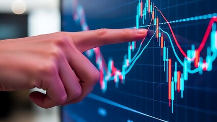 Financial Market Analysis with Candlestick Charts and Technical Indicators Featuring a Pointing Hand Indicating Investment Decisions and Trend Analysis in Modern Business