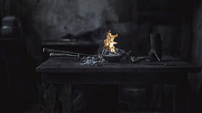A close-up shot of a forge table with burning fire, tools, and ash in a dark workshop, creating a dramatic and moody atmosphere. - Powered by Adobe