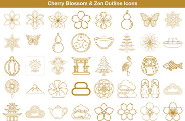 Set of traditional Japanese and Zen outline icons featuring cherry blossoms, temples, and natural elements