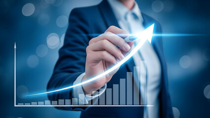 Businesswoman drawing upward graph symbolizing growth and success in business strategy