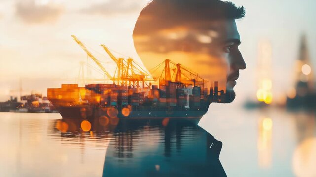 Double exposure photography of engineer man and the business Logistics and transportation of Container Cargo ship and Cargo plane with working crane bridge