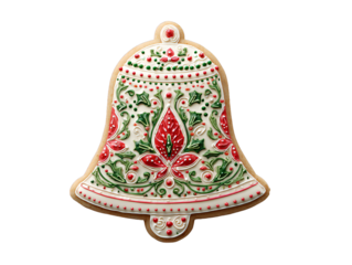 Decorated Christmas bell cookie with red and green icing, festive holiday gingerbread ornament dessert, isolated on white background