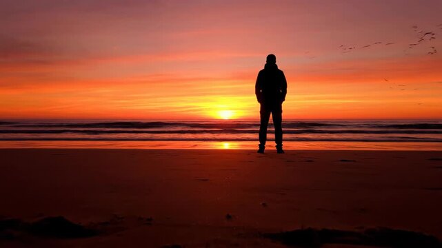 Person silhouette stands on beach against vibrant sunset ocean view