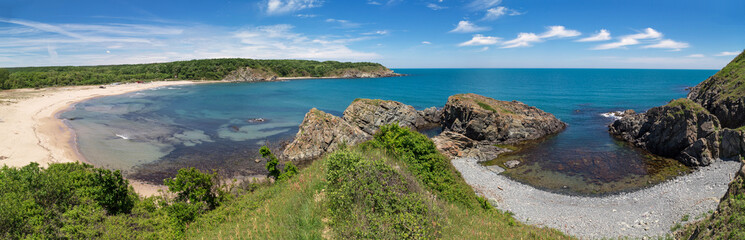 Aerial panoramic view to a beautiful beach Silistar near to Sinemorec, Burgas, Bulgaria