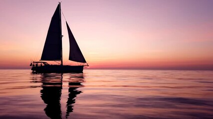 Sailboat silhouette gliding through calm ocean at picturesque sunset - Powered by Adobe