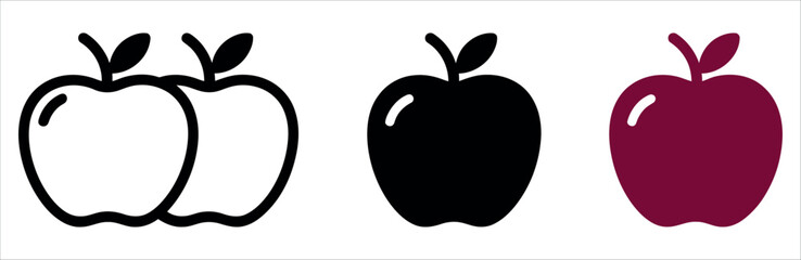 Three apple icons offer versatile design elements in black, white and burgundy, perfect for websites, brochures, and creative projects needing a fresh, clean look.
