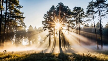 Tranquil forest scene at dawn with mist rising from the ground and sunlight filtering through trees